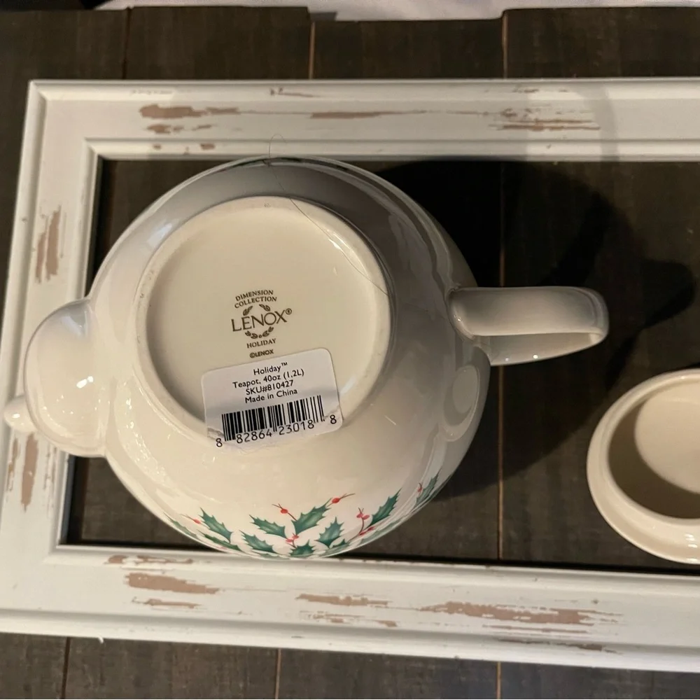 Lenox White Teapot with Green Holly and Red Berries